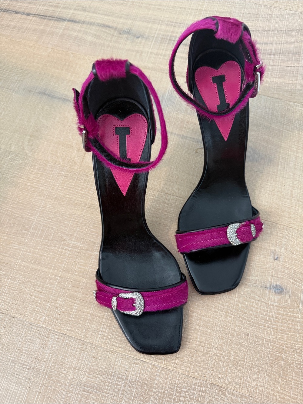 Iceberg Fuchsia Pink Ankle-Strap Heeled Sandals with Crystal Buckle